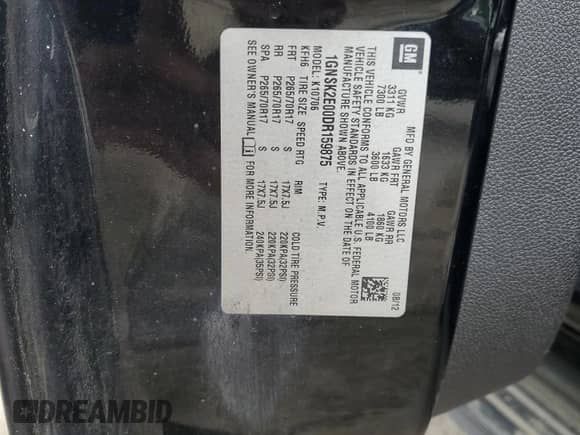 2013 Chevrolet Tahoe Commercial с VIN 1GNSK2E00DR159875, выставлен на аукционе Copart как лот 58778595 с пробегом 203 215 миль миль и Чистый • Clean title. История ставок и продаж доступна на DreamBid. Изображение 13.