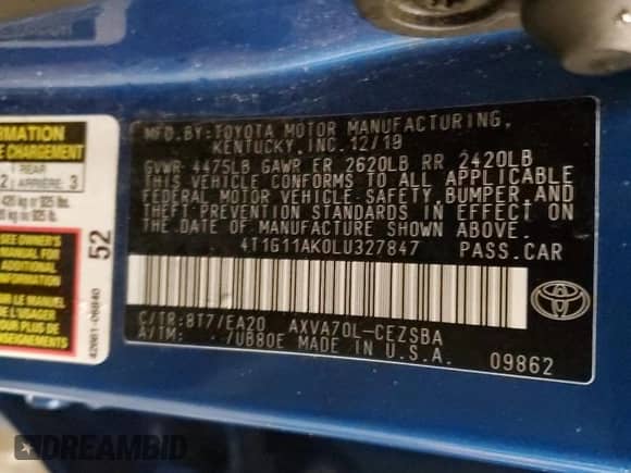 2020 Toyota Camry SE with VIN 4T1G11AK0LU327847, listed as a Copart auction lot 81641575 with 72,243 mi miles and Salvage title. Bid and sale history available at DreamBid. Image 12.