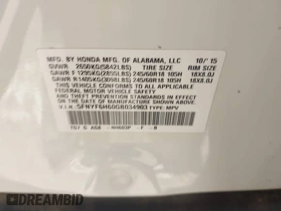 2016 Honda Pilot EX-L with VIN 5FNYF6H60GB034903, listed as a IAAI auction lot 42181463 with 82,448 mi miles and . Bid and sale history available at DreamBid. Image 9.