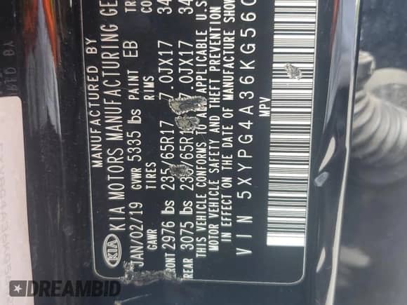 2019 Kia Sorento LX with VIN 5XYPG4A36KG560225, listed as a Copart auction lot 69434415 with 162,144 mi miles and Salvage title. Bid and sale history available at DreamBid. Image 12.