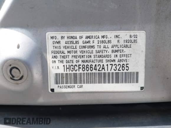 2002 Honda Accord VP with VIN 1HGCF86642A173265, listed as a IAAI auction lot 43033315 with 187,894 mi miles and . Bid and sale history available at DreamBid. Image 9.