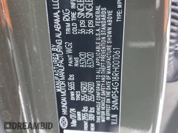 2024 Hyundai Santa Fe Calligraphy with VIN 5NMP54G18RH001061, listed as a Copart auction lot 54006955 with 13,452 mi miles and Salvage title. Bid and sale history available at DreamBid. Image 13.