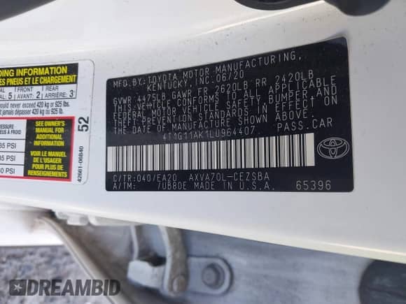 2020 Toyota Camry SE z VIN 4T1G11AK1LU964407, wystawiony jako IAAI lot #43108552 z przebiegiem 68 960 mil mil oraz . Historia ofert i sprzedaży dostępna na DreamBid. Obrazek 9.