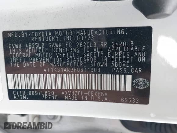 2023 Toyota Camry Hybrid XSE с VIN 4T1K31AK9PU611908, выставлен на аукционе IAAI как лот 42555562 с пробегом Не указан миль и . История ставок и продаж доступна на DreamBid. Изображение 9.