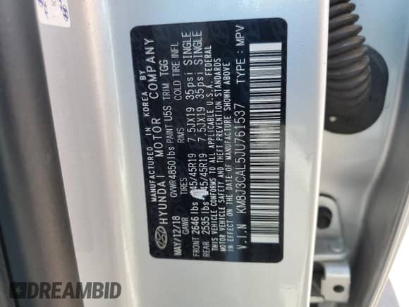 2018 Hyundai Tucson Sport with VIN KM8J3CAL5JU761537, listed as a Copart auction lot 67133745 with 76,760 mi miles and Salvage title. Bid and sale history available at DreamBid. Image 14.