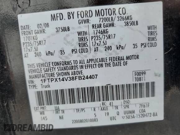 2008 Ford F-150 XLT with VIN 1FTPX14V38FB24407, listed as a Copart auction lot 69419465 with 202,801 mi miles and Clean title. Bid and sale history available at DreamBid. Image 12.