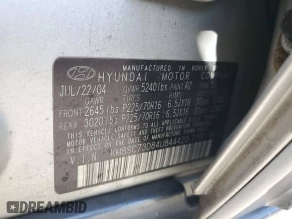 2004 Hyundai Santa Fe GLS с VIN KM8SC73D84U844420, выставлен на аукционе Copart как лот 69304565 с пробегом 121 728 миль миль и Списание • Salvage title. История ставок и продаж доступна на DreamBid. Изображение 13.