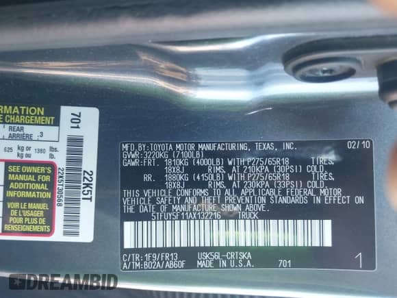 2010 Toyota Tundra с VIN 5TFUY5F11AX132216, выставлен на аукционе IAAI как лот 43069315 с пробегом 167 833 миль миль и . История ставок и продаж доступна на DreamBid. Изображение 9.