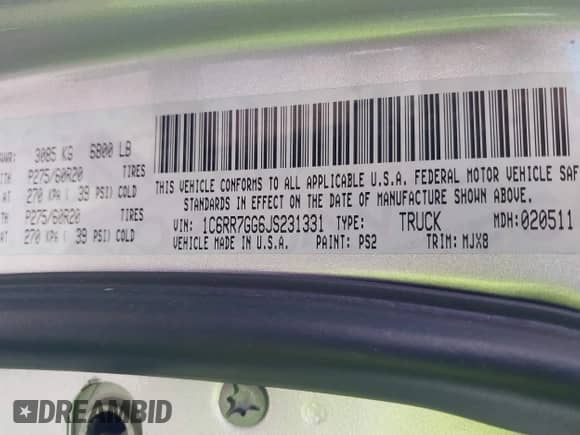 2018 Ram 1500 Big Horn с VIN 1C6RR7GG6JS231331, выставлен на аукционе IAAI как лот 41858511 с пробегом 64 514 миль миль и . История ставок и продаж доступна на DreamBid. Изображение 9.