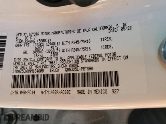 2022 Toyota Tacoma SR5 с VIN 3TMAZ5CNXNM184608, выставлен на аукционе Copart как лот 67236575 с пробегом 48 491 миль миль и Списание • Salvage title. История ставок и продаж доступна на DreamBid. Изображение 12.