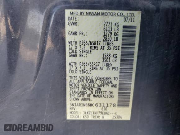 2011 Nissan Pathfinder LE z VIN 5N1AR1NB6BC631178, wystawiony jako Copart lot #71516945 z przebiegiem 213 386 mil mil oraz Szkoda całkowita • Salvage title. Historia ofert i sprzedaży dostępna na DreamBid. Obrazek 13.