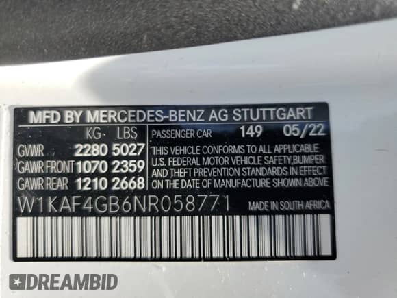 2022 Mercedes-Benz C 300 with VIN W1KAF4GB6NR058771, listed as a Copart auction lot 68477995 with 23,791 mi miles and Salvage title. Bid and sale history available at DreamBid. Image 12.