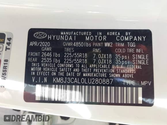 2020 Hyundai Tucson Sport with VIN KM8J3CAL0LU280887, listed as a IAAI auction lot 43393546 with 47,102 mi miles and . Bid and sale history available at DreamBid. Image 9.