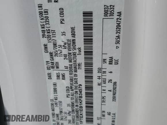 2019 Ford F-150 XL z VIN 1FTEX1EB1KFB34579, wystawiony jako Copart lot #80294515 z przebiegiem 111 567 mil mil oraz Szkoda całkowita • Salvage title. Historia ofert i sprzedaży dostępna na DreamBid. Obrazek 12.