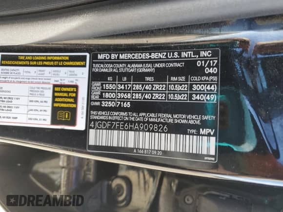 2017 Mercedes-Benz GLS 63 AMG with VIN 4JGDF7FE6HA909826, listed as a Copart auction lot 44639055 with 108,875 mi miles and Salvage title. Bid and sale history available at DreamBid. Image 15.