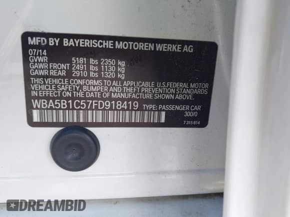 2015 BMW 5 Series 535i с VIN WBA5B1C57FD918419, выставлен на аукционе IAAI как лот 42750726 с пробегом 224 459 миль миль и . История ставок и продаж доступна на DreamBid. Изображение 9.