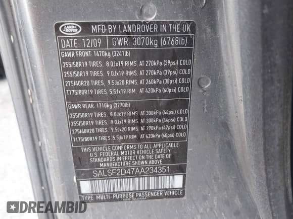 2010 Land Rover Range Rover Sport HSE with VIN SALSF2D47AA234351, listed as a IAAI auction lot 42340774 with 109,747 mi miles and . Bid and sale history available at DreamBid. Image 9.