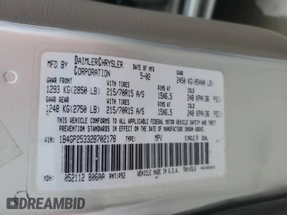 2002 Dodge Caravan SE with VIN 1B4GP25332B702178, listed as a Copart auction lot 62665425 with 170,213 mi miles and Salvage title. Bid and sale history available at DreamBid. Image 12.