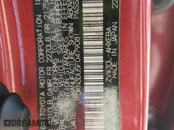 2015 Toyota Prius Two with VIN JTDKN3DU5F0479081, listed as a Copart auction lot 86877435 with 204,362 mi miles and Salvage title. Bid and sale history available at DreamBid. Image 12.