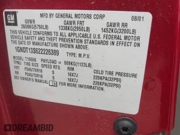 2002 Chevrolet TrailBlazer LS z VIN 1GNDT13S622226389, wystawiony jako IAAI lot #42361868 z przebiegiem 130 231 mil mil oraz . Historia ofert i sprzedaży dostępna na DreamBid. Obrazek 9.