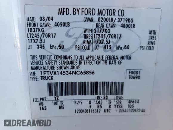 2004 Ford F-150 XL z VIN 1FTVX14534NC65856, wystawiony jako Copart lot #46337745 z przebiegiem 229 958 mil mil oraz Szkoda całkowita • Salvage title. Historia ofert i sprzedaży dostępna na DreamBid. Obrazek 12.