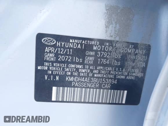 2011 Hyundai Elantra GLS z VIN KMHDH4AE3BU153894, wystawiony jako IAAI lot #42820459 z przebiegiem 167 720 mil mil oraz . Historia ofert i sprzedaży dostępna na DreamBid. Obrazek 9.