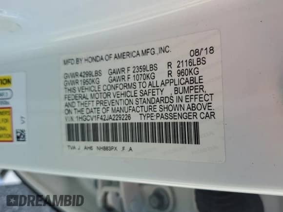 2018 Honda Accord EX z VIN 1HGCV1F42JA229226, wystawiony jako Copart lot #85379405 z przebiegiem 86 718 mil mil oraz Czysty tytuł • Clean title. Historia ofert i sprzedaży dostępna na DreamBid. Obrazek 12.