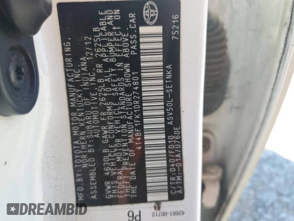 2013 Toyota Camry L с VIN 4T4BF1FK1DR274801, выставлен на аукционе Copart как лот 70643985 с пробегом 250 803 миль миль и Списание • Salvage title. История ставок и продаж доступна на DreamBid. Изображение 12.