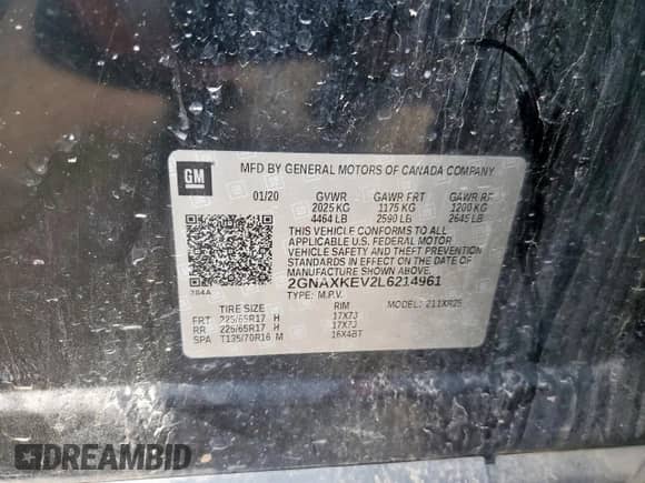 2020 Chevrolet Equinox LT с VIN 2GNAXKEV2L6214961, выставлен на аукционе Copart как лот 80064275 с пробегом Не указан миль и Чистый • Clean title. История ставок и продаж доступна на DreamBid. Изображение 13.