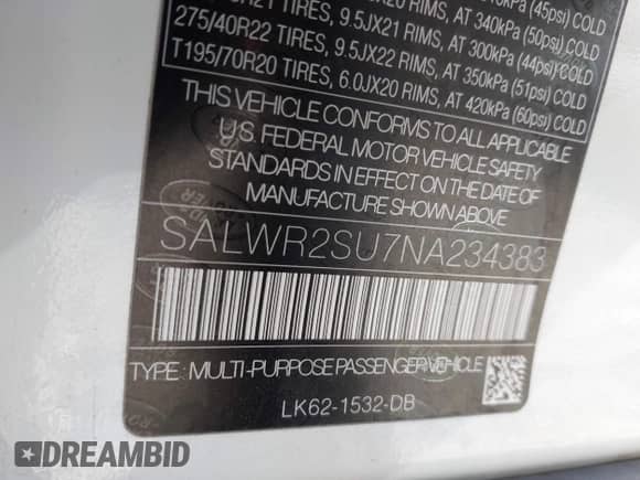 2022 Land Rover Range Rover Sport HSE Silver Edition with VIN SALWR2SU7NA234383, listed as a IAAI auction lot 42195404 with 37,053 mi miles and . Bid and sale history available at DreamBid. Image 9.