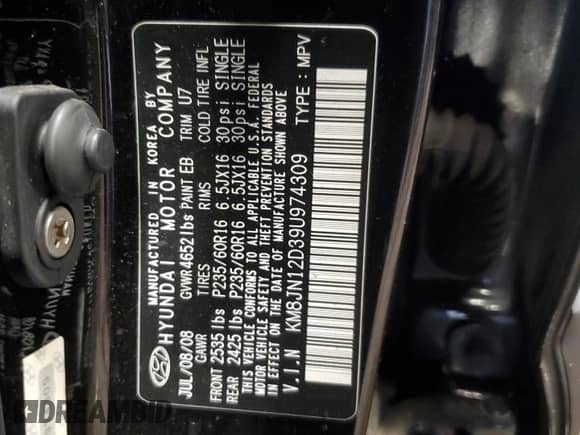 2009 Hyundai Tucson SE with VIN KM8JN12D39U974309, listed as a Copart auction lot 58394855 with 143,193 mi miles and Salvage title. Bid and sale history available at DreamBid. Image 12.