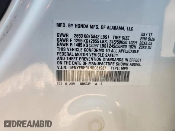 2017 Honda Pilot Touring с VIN 5FNYF6H94HB061937, выставлен на аукционе Copart как лот 85199525 с пробегом 74 908 миль миль и Списание • Salvage title. История ставок и продаж доступна на DreamBid. Изображение 12.