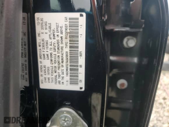 2007 Honda Accord EX-L with VIN 1HGCM66527A045809, listed as a Copart auction lot 81105765 with 187,473 mi miles and Salvage title. Bid and sale history available at DreamBid. Image 12.
