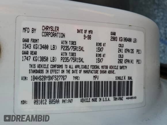 1999 Dodge Durango with VIN 1B4HS28Y9XF527767, listed as a Copart auction lot 73813944 with 262,414 mi miles and Clean title. Bid and sale history available at DreamBid. Image 13.