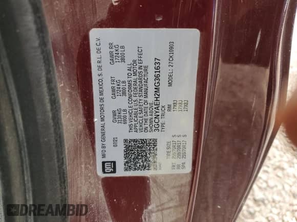 2021 Chevrolet Silverado 1500 Work Truck with VIN 3GCNYAEH2MG361637, listed as a Copart auction lot 60702465 with 80,935 mi miles and Salvage title. Bid and sale history available at DreamBid. Image 12.