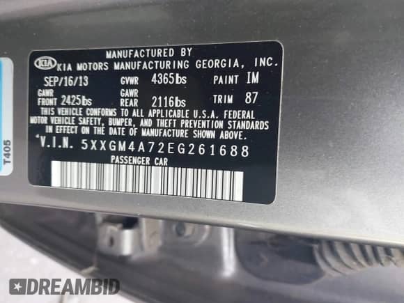 2014 Kia Optima LX with VIN 5XXGM4A72EG261688, listed as a IAAI auction lot 43439480 with 92,453 mi miles and . Bid and sale history available at DreamBid. Image 9.