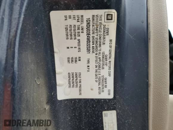 1998 Chevrolet Venture Plus с VIN 1GNDU03E4WD223261, выставлен на аукционе Copart как лот 44229175 с пробегом 94 032 миль миль и Чистый • Clean title. История ставок и продаж доступна на DreamBid. Изображение 13.