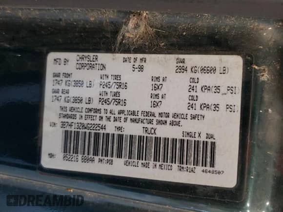 1998 Dodge 1500 с VIN 3B7HF13Z0WG222544, выставлен на аукционе Copart как лот 70544494 с пробегом 184 403 миль миль и Чистый • Clean title. История ставок и продаж доступна на DreamBid. Изображение 12.