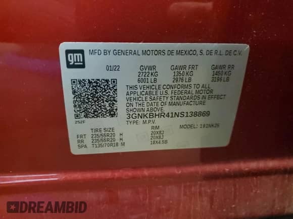 2022 Chevrolet Blazer LT с VIN 3GNKBHR41NS138869, выставлен на аукционе Copart как лот 85876305 с пробегом 50 747 миль миль и На запчасти • Non repairable. История ставок и продаж доступна на DreamBid. Изображение 13.