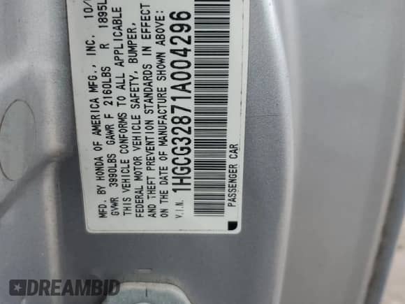 2001 Honda Accord z VIN 1HGCG32871A004296, wystawiony jako Copart lot #79751494 z przebiegiem 223 281 mil mil oraz Szkoda całkowita • Salvage title. Historia ofert i sprzedaży dostępna na DreamBid. Obrazek 13.