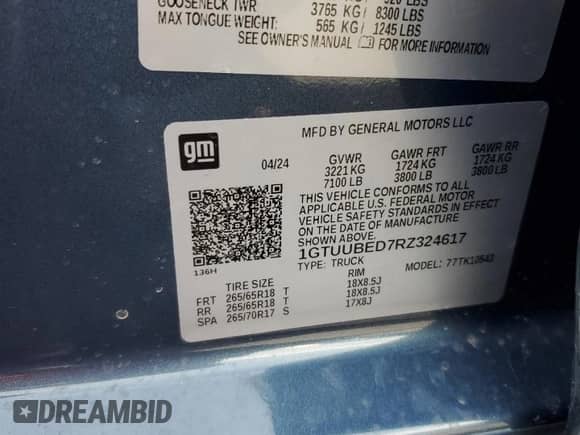 2024 GMC Sierra 1500 SLE z VIN 1GTUUBED7RZ324617, wystawiony jako Copart lot #53523125 z przebiegiem 1 047 mil mil oraz Szkoda całkowita • Salvage title. Historia ofert i sprzedaży dostępna na DreamBid. Obrazek 14.