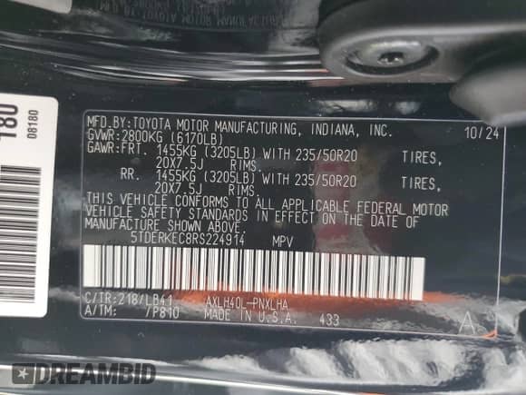 2024 Toyota Sienna Platinum с VIN 5TDERKEC8RS224914, выставлен на аукционе Copart как лот 65552915 с пробегом 11 438 миль миль и Списание • Salvage title. История ставок и продаж доступна на DreamBid. Изображение 14.