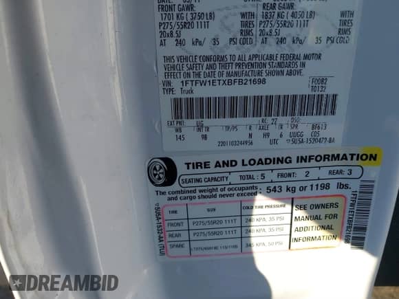 2011 Ford F-150 XLT z VIN 1FTFW1ETXBFB21698, wystawiony jako IAAI lot #41320154 z przebiegiem 119 765 mil mil oraz . Historia ofert i sprzedaży dostępna na DreamBid. Obrazek 9.