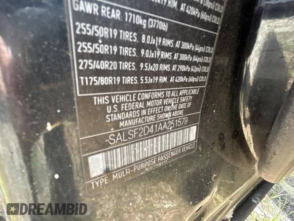 2010 Land Rover Range Rover Sport HSE with VIN SALSF2D41AA251579, listed as a Copart auction lot 59035625 with 243,104 mi miles and Clean title. Bid and sale history available at DreamBid. Image 10.