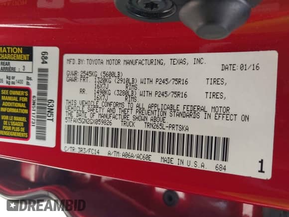 2016 Toyota Tacoma SR5 с VIN 5TFAX5GN2GX059826, выставлен на аукционе IAAI как лот 42032005 с пробегом 209 271 миль миль и . История ставок и продаж доступна на DreamBid. Изображение 9.