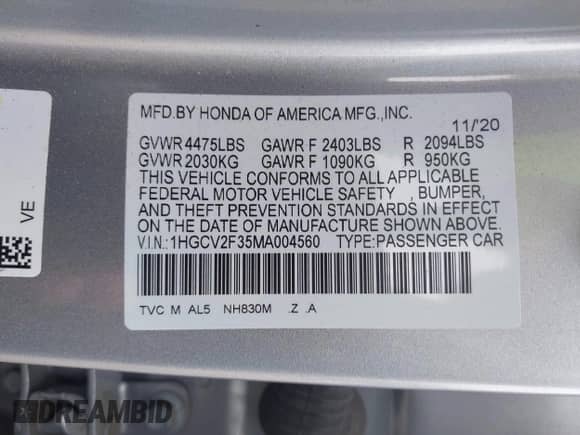 2021 Honda Accord Sport with VIN 1HGCV2F35MA004560, listed as a IAAI auction lot 42746583 with 63,997 mi miles and . Bid and sale history available at DreamBid. Image 9.