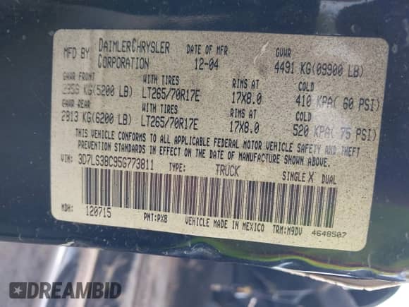 2005 Dodge 3500 SLT with VIN 3D7LS38C95G773811, listed as a IAAI auction lot 43253778 with Not provided miles and . Bid and sale history available at DreamBid. Image 9.
