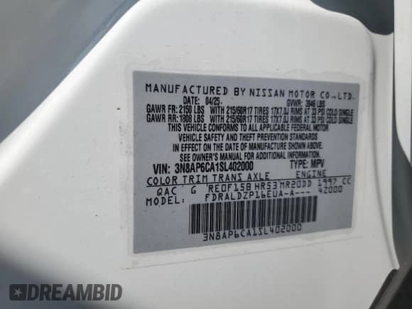 2025 Nissan Kicks SV с VIN 3N8AP6CA1SL402000, выставлен на аукционе Copart как лот 71001275 с пробегом 2 026 миль миль и Списание • Salvage title. История ставок и продаж доступна на DreamBid. Изображение 13.