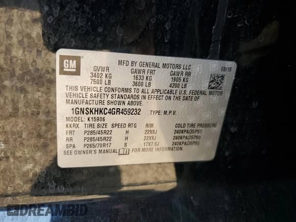 2016 Chevrolet Suburban LT с VIN 1GNSKHKC4GR459232, выставлен на аукционе Copart как лот 82112275 с пробегом 106 504 миль миль и Списание • Salvage title. История ставок и продаж доступна на DreamBid. Изображение 13.