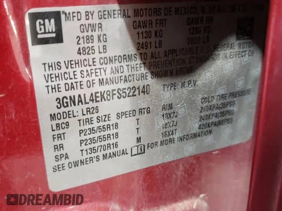 2015 Chevrolet Captiva Sport LTZ z VIN 3GNAL4EK8FS522140, wystawiony jako Copart lot #76315444 z przebiegiem 174 769 mil mil oraz Szkoda całkowita • Salvage title. Historia ofert i sprzedaży dostępna na DreamBid. Obrazek 13.